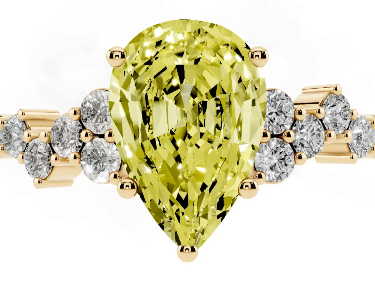 Fancy Yellow Pear Cut Diamond Scattered Round Accent Ring with Prong Setting Yellow gold