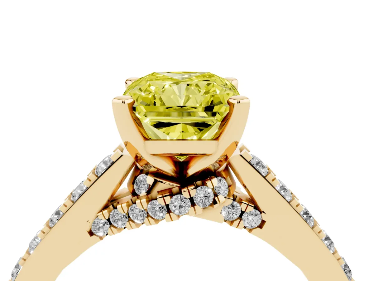Fancy Yellow Radiant Cut Diamond Solitaire Ring with Crossover Gallery and Round Pavé Band Yellow gold