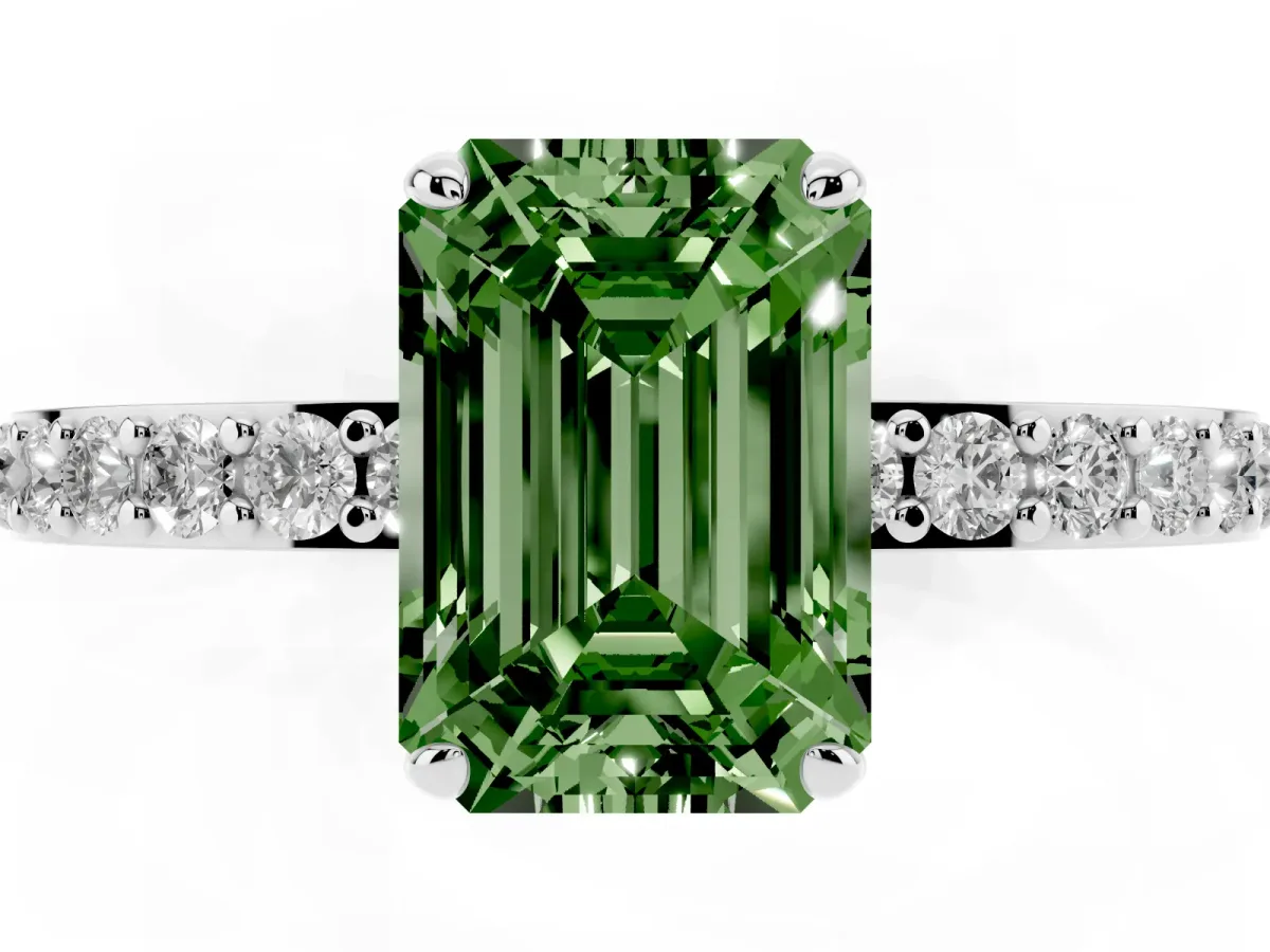 Fancy Green Emerald Cut Diamond Pavé Engagement Ring with Round Accents and Prong Setting White gold