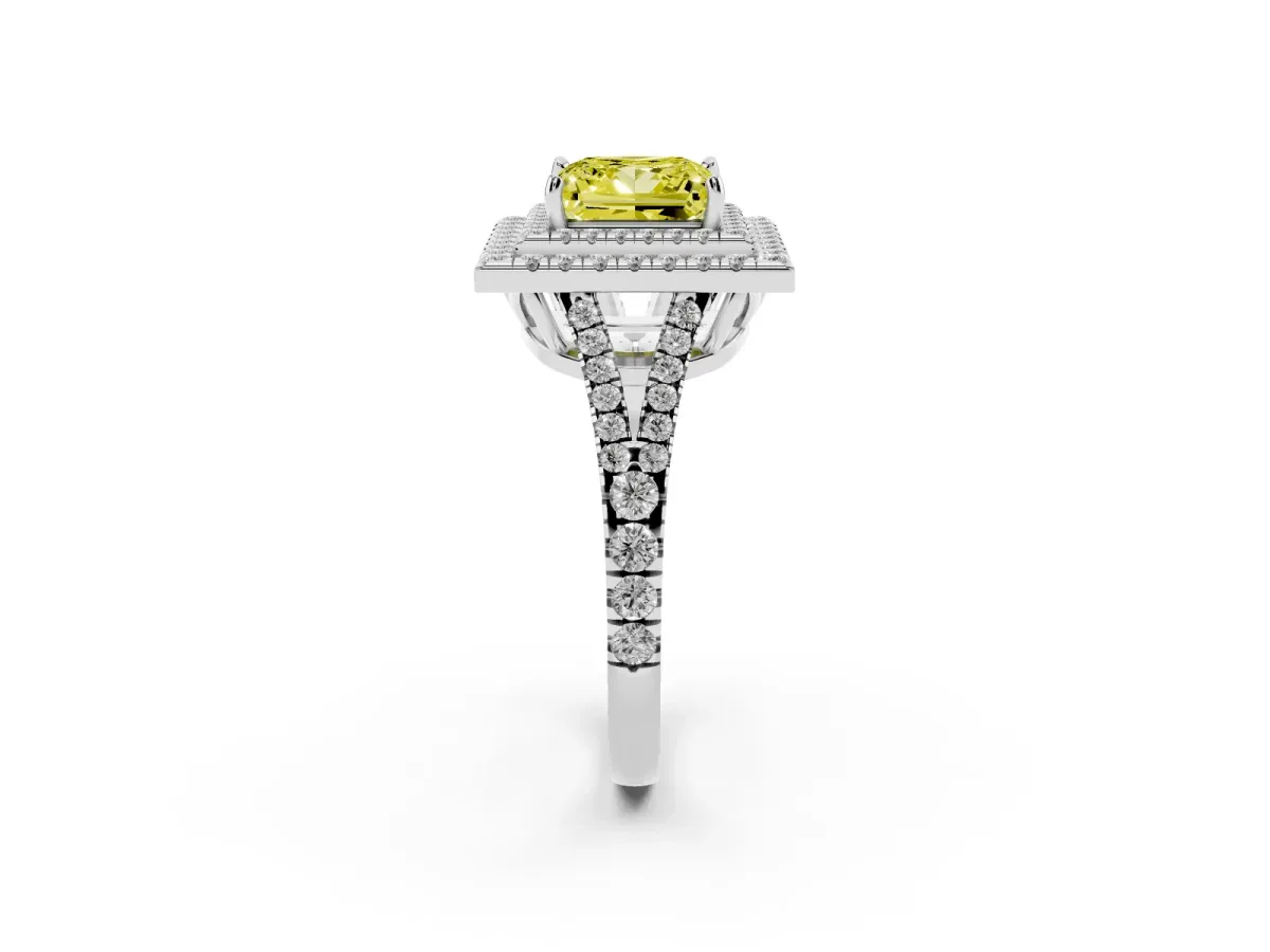 Fancy Yellow Princess Cut Diamond Double Halo Ring with Pavé Band and Prong Setting White gold