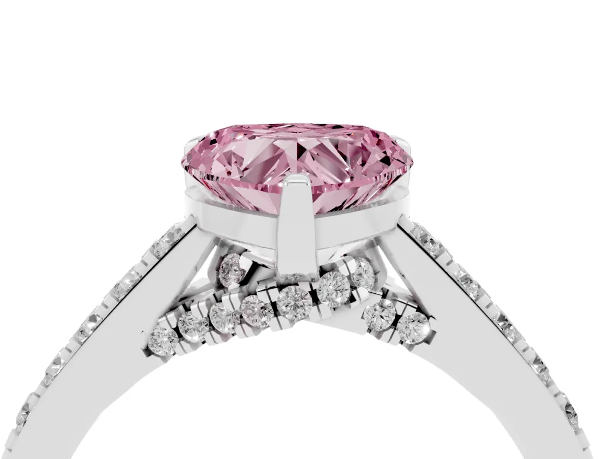 Fancy Pink Heart Cut Diamond Solitaire Ring with Crossover Gallery and Round Pavé Band White gold