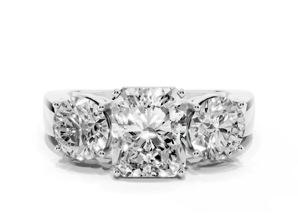 Three-Stone Radiant Cut Diamond Ring with Round Side Stones, Classic Band, and Four-Prong Setting White gold