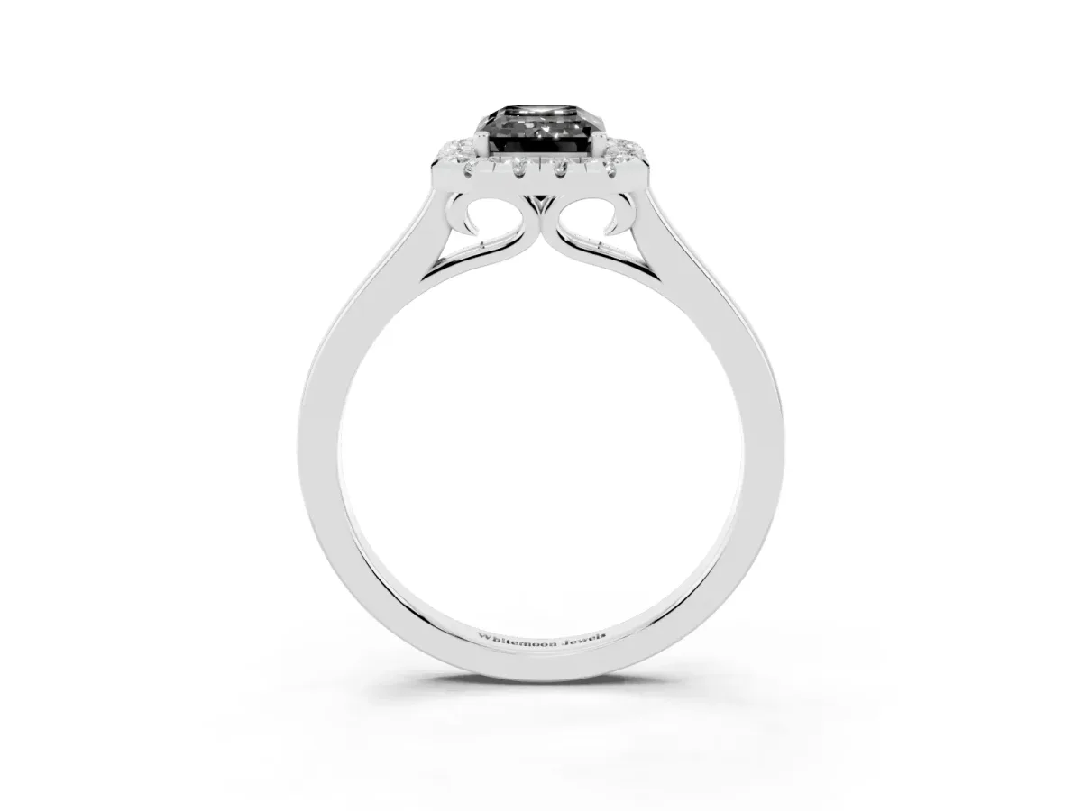 Fancy Black Emerald Cut Halo Round Diamond Solitaire Ring with Pavé Band and Four-Prong Setting Silver