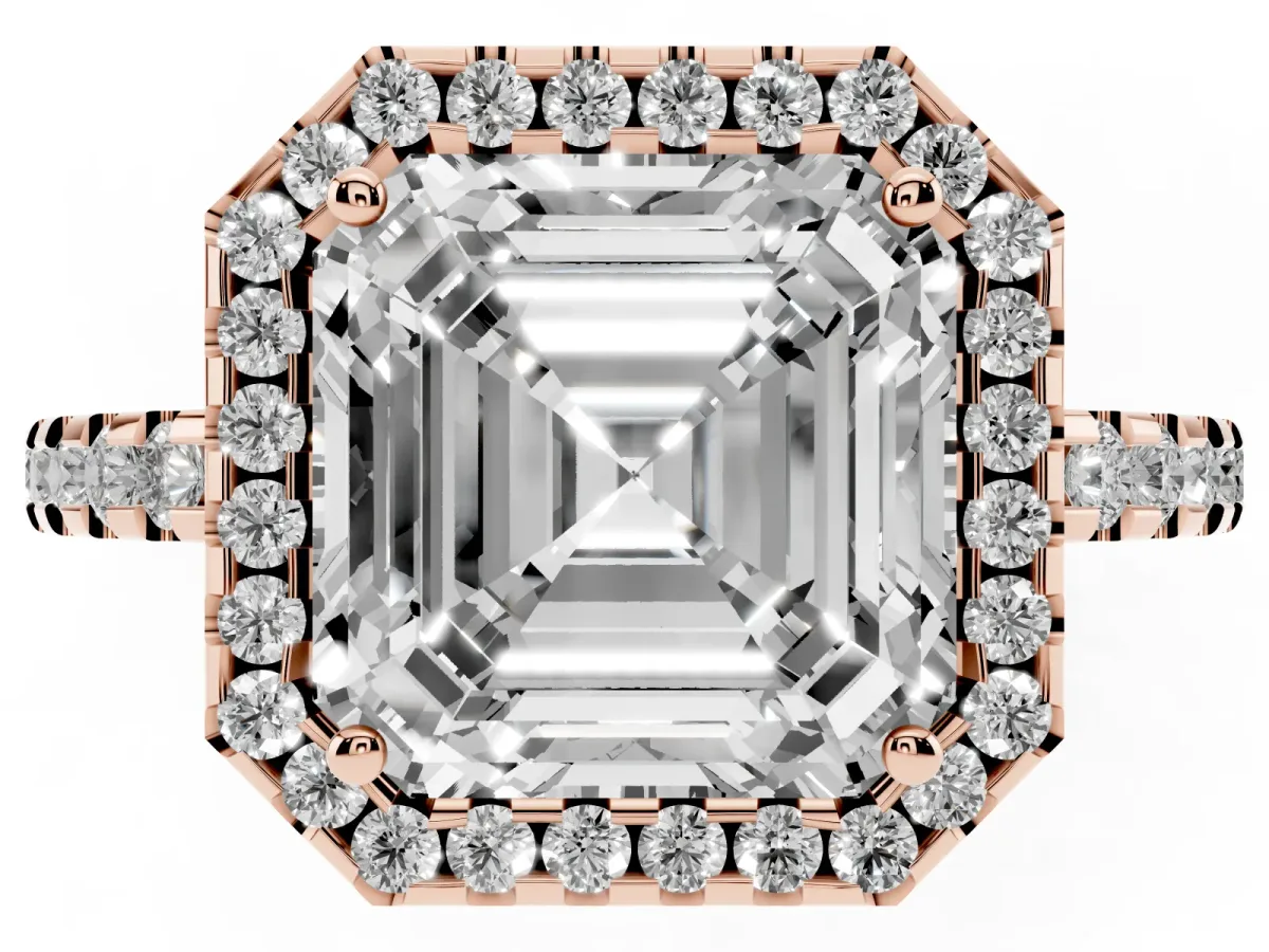 Asscher Cut Diamond Halo Engagement Ring with Pavé Band and Prong Setting Rose gold