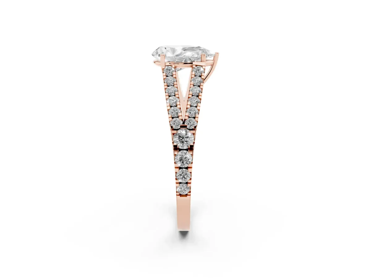 Pear Cut Diamond Split Shank Pavé Engagement Ring with Four-Prong Setting Rose gold