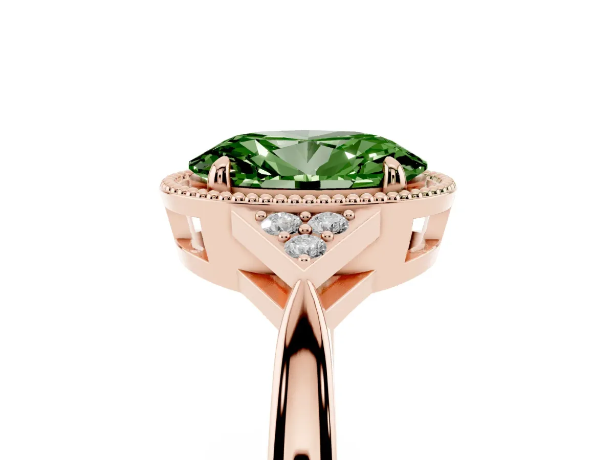 Fancy Green Hexagonal Halo Oval Cut Diamond Solitaire with Pavé Band and Four-Prong Setting Rose gold