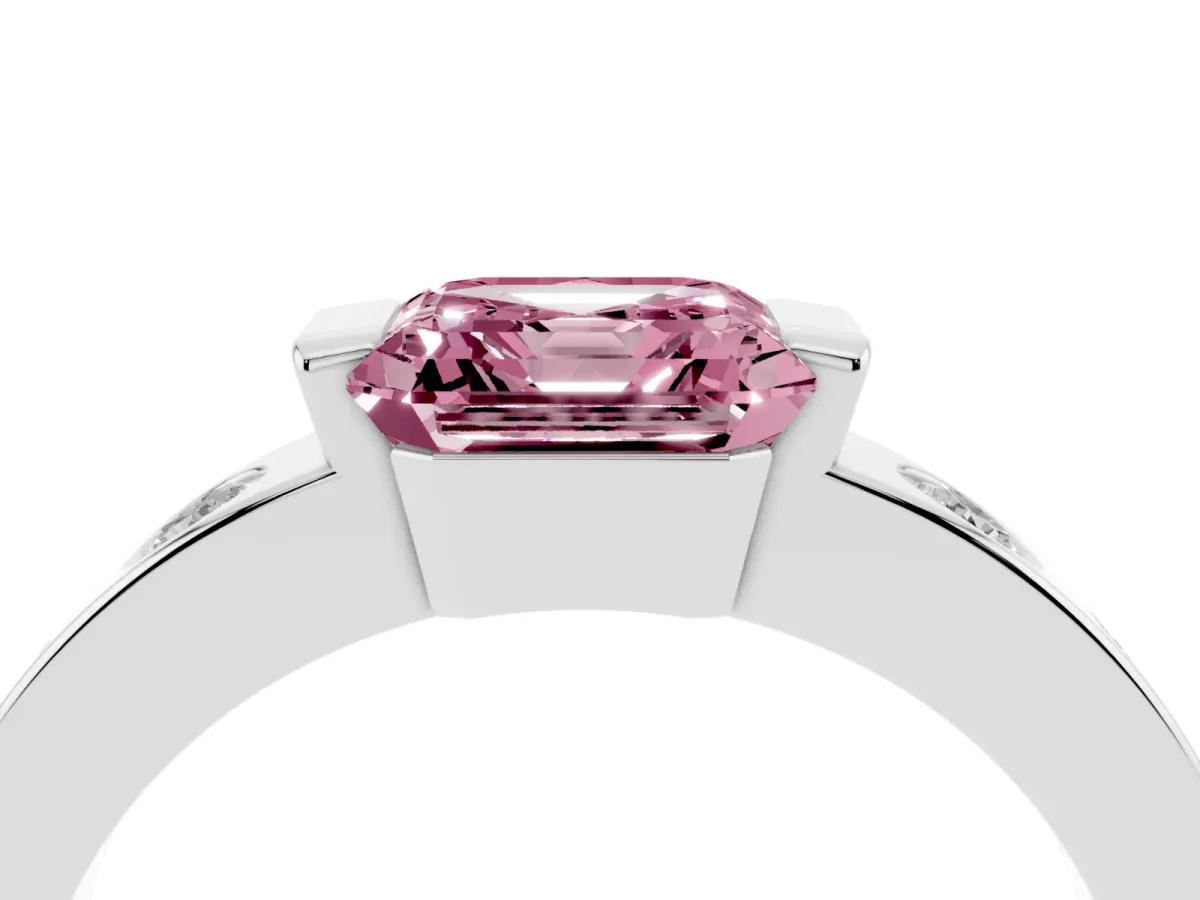 Fancy Pink Asscher Cut Brilliant Channel-Set Diamond Ring with Bezel Prong Setting Silver