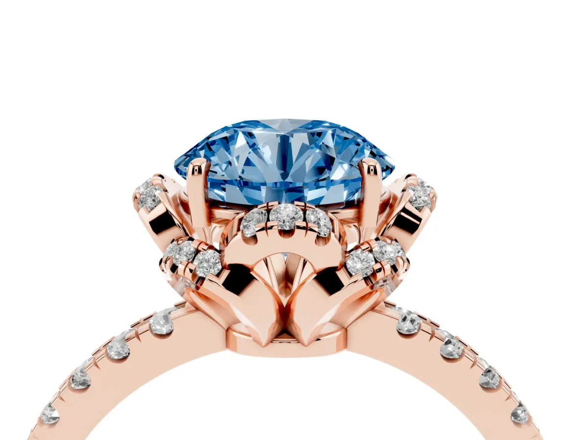 Fancy Blue Round Cut Halo Diamond Pave Band Ring with Four-Prong Setting Rose gold