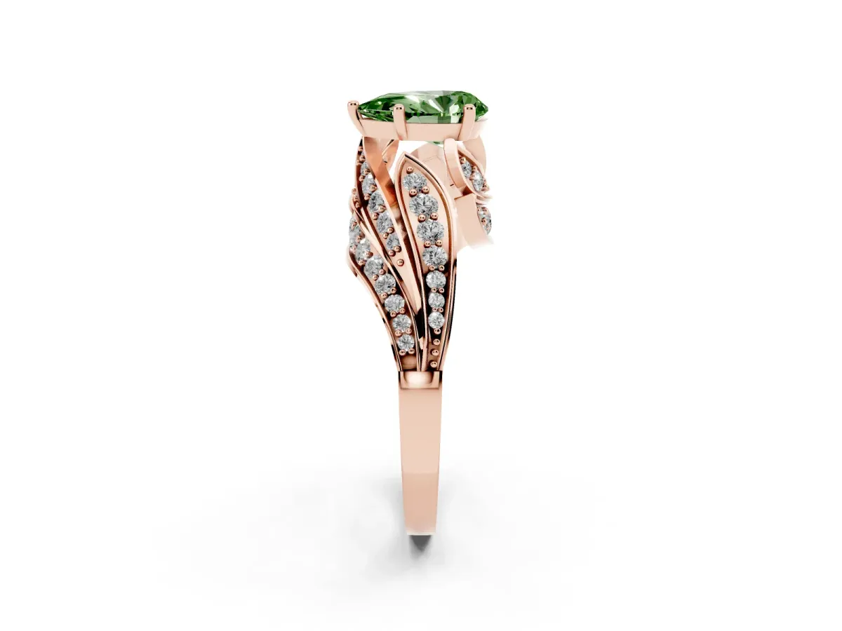 Fancy Green Pear Cut Diamond Solitaire Ring with Prong Setting and Twisted Pavé Band Rose gold