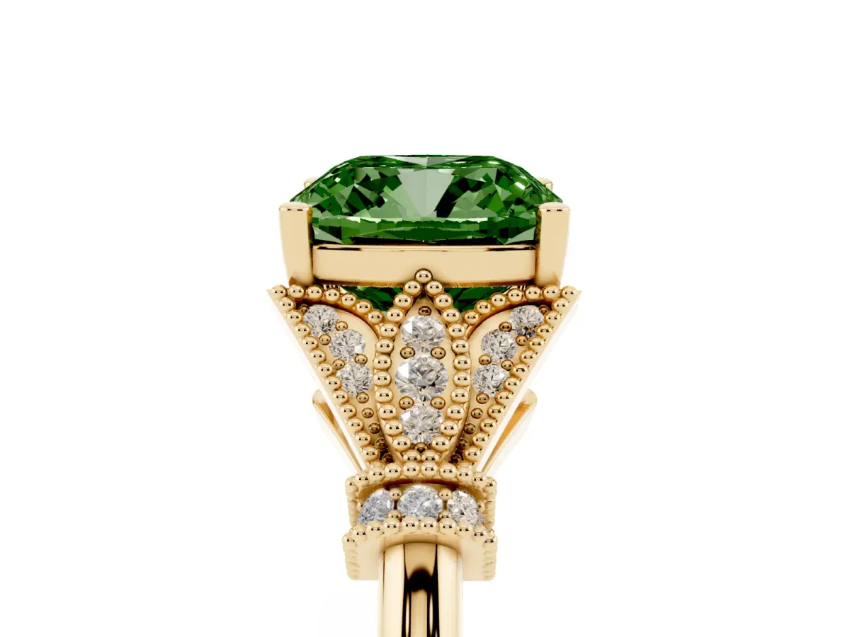 Fancy Green Cushion Cut Diamond Solitaire Ring with Floral Filigree and Pave Accents Yellow gold