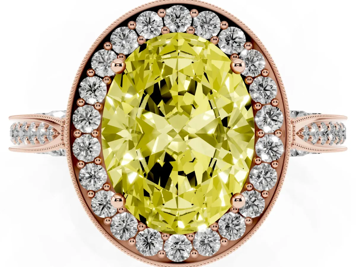 Fancy Yellow Oval Cut Halo Diamond Engagement Ring with Split Shank Band and Four-Prong Setting Rose gold