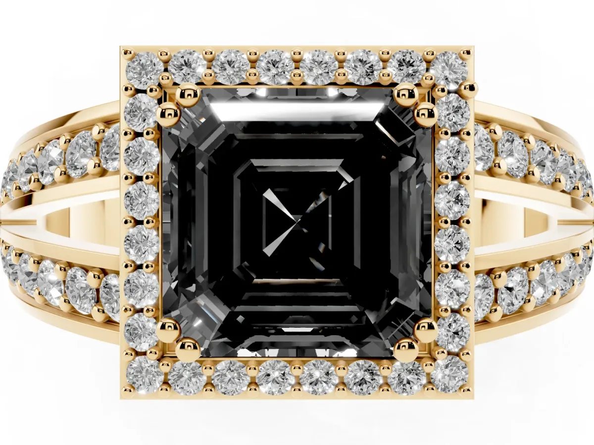 Fancy Black Asscher Cut Diamond Halo Ring with Split Shank Pavé Band and Four-Prong Setting Yellow gold