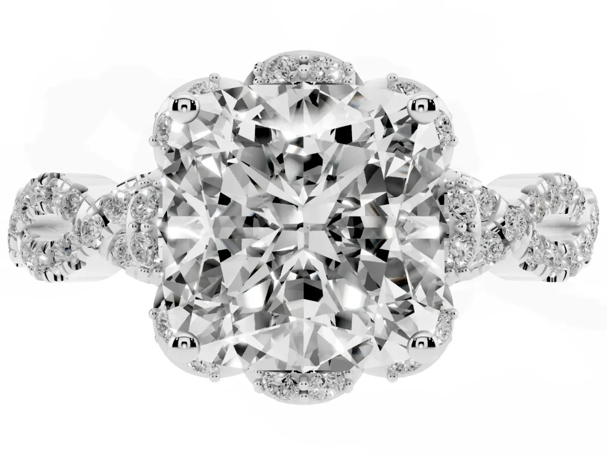 Cushion Cut Halo Twist Band Solitaire Ring with Six-Prong Setting Silver