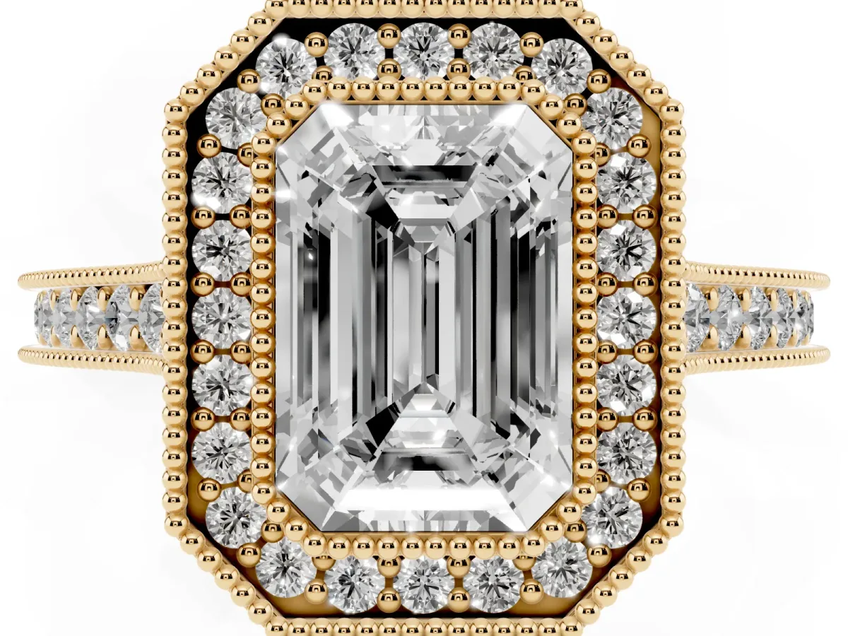 Halo Emerald Cut-Cut Diamond Pave Band Milgrain Prong Setting Ring Yellow gold