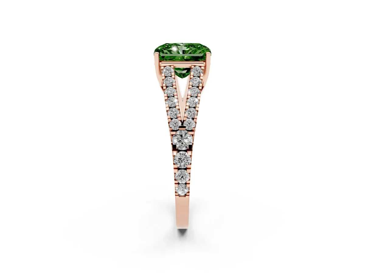 Fancy Green Radiant Cut Diamond Split Shank Engagement Ring with Round Pavé and Prong Setting Rose gold