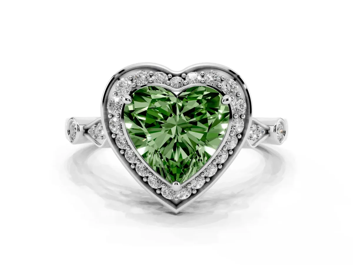 Fancy Green Heart Cut Halo Diamond Engagement Ring with Twisted Band and Four-Prong Setting Platinum