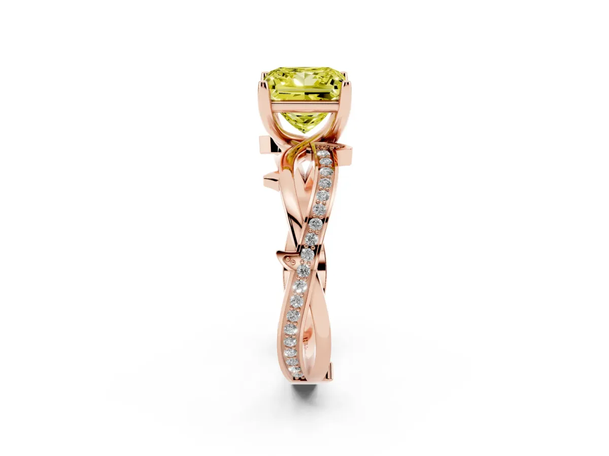 Fancy Yellow Princess Cut Solitaire Twist Band with Pavé Accents and Four-Prong Setting Rose gold
