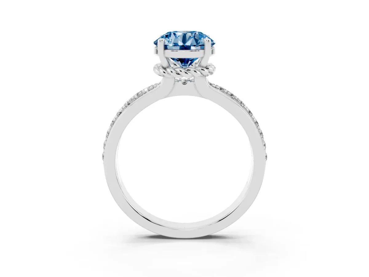 Fancy Blue Round Cut Solitaire Diamond Ring with Channel Set Band and Six-Prong Setting Silver