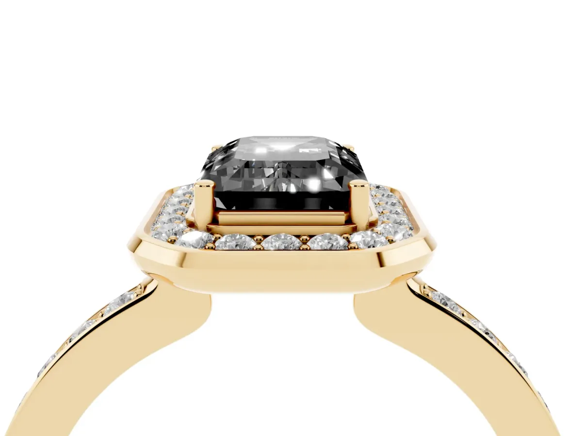 Fancy Black Emerald Cut Diamond Halo Ring with Bezel Frame and Pavé Band Yellow gold
