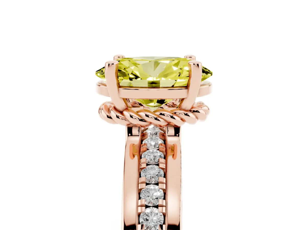 Fancy Yellow Oval Cut Solitaire Diamond Ring with Channel Set Band and Six-Prong Setting Rose gold