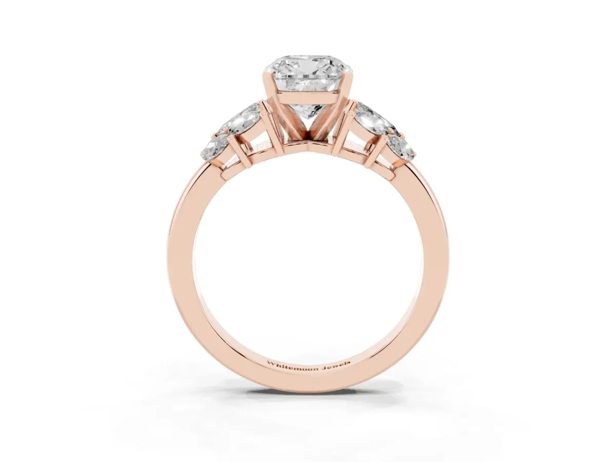 Cushion Cut Diamond Cluster Leaf Design Ring with Prong Setting Rose gold