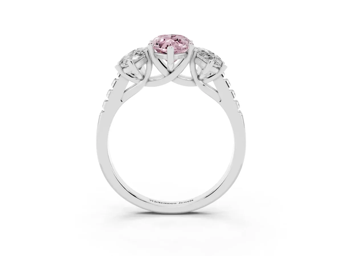 Fancy Pink Three-Stone Marquise Cut Diamond Ring with Round Pavé Band and Prong Setting Silver