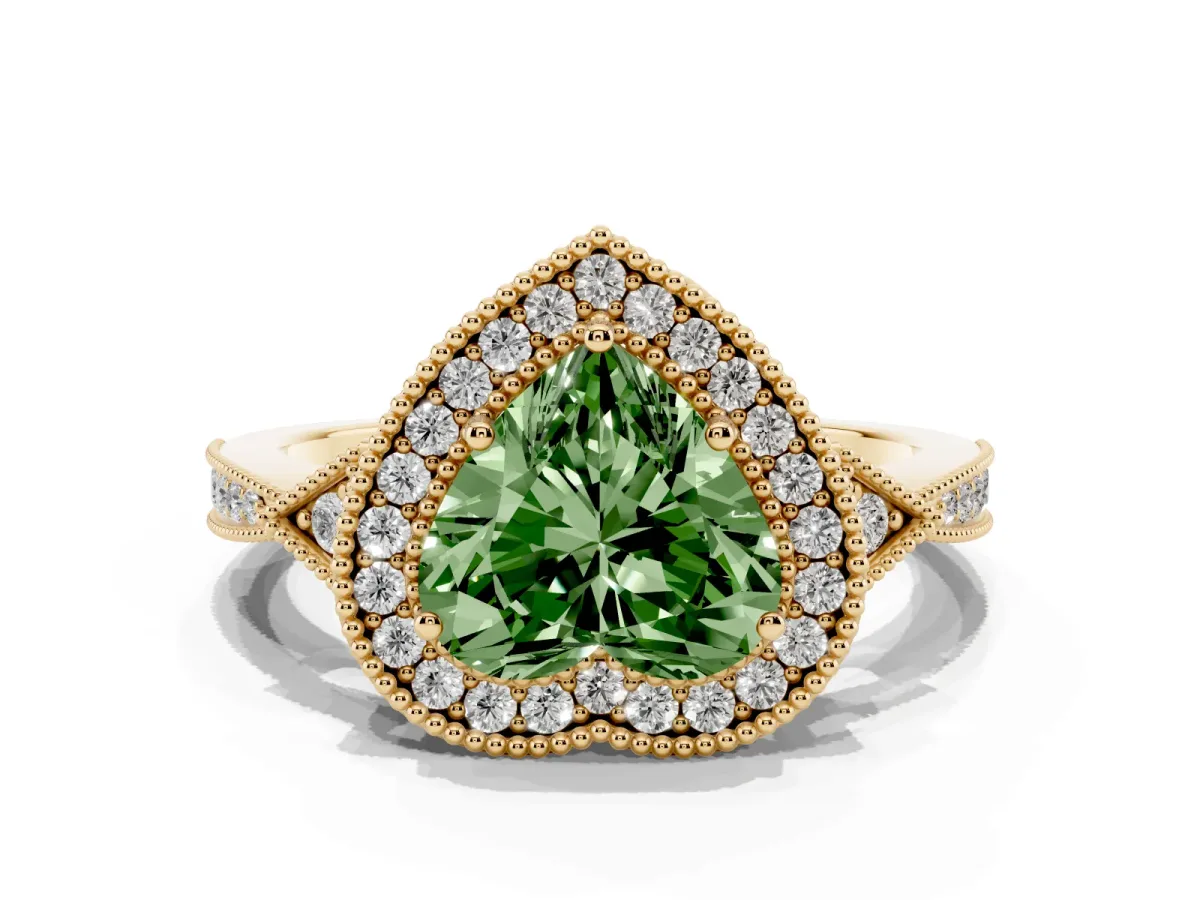 Fancy Green Heart Cut Halo Round Diamond Milgrain Pave Engagement Ring Yellow gold