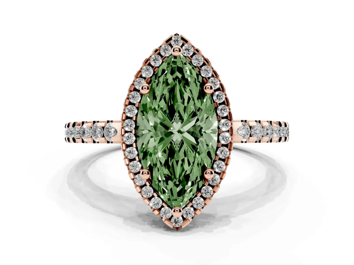 Fancy Green Marquise Cut Diamond Halo Engagement Ring with Pavé Band and Prong Setting Rose gold