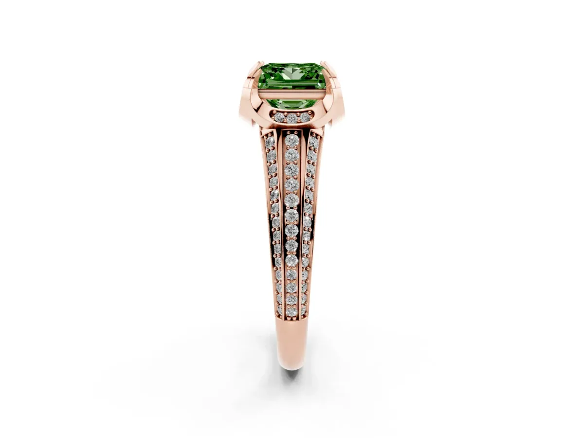 Fancy Green Princess Cut Solitaire Pave Split Shank Ring with Four-Prong Setting Rose gold