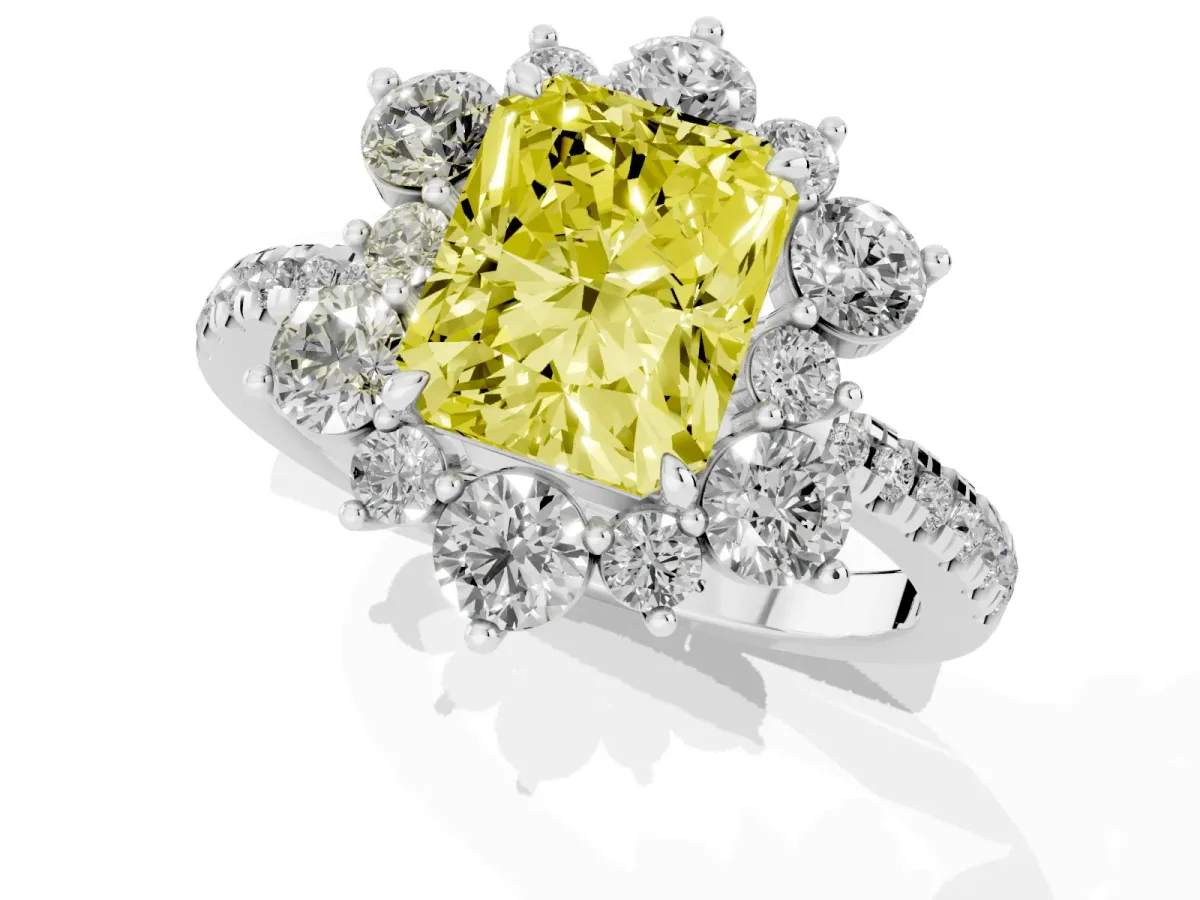 Fancy Yellow Radiant Cut Diamond Floral Halo Ring with Round Pavé Band and Prong Setting Platinum