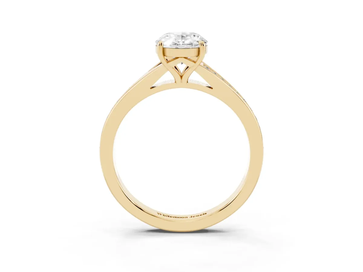 Oval Cut Diamond Solitaire Ring with Pavé Band and Prong Setting Yellow gold