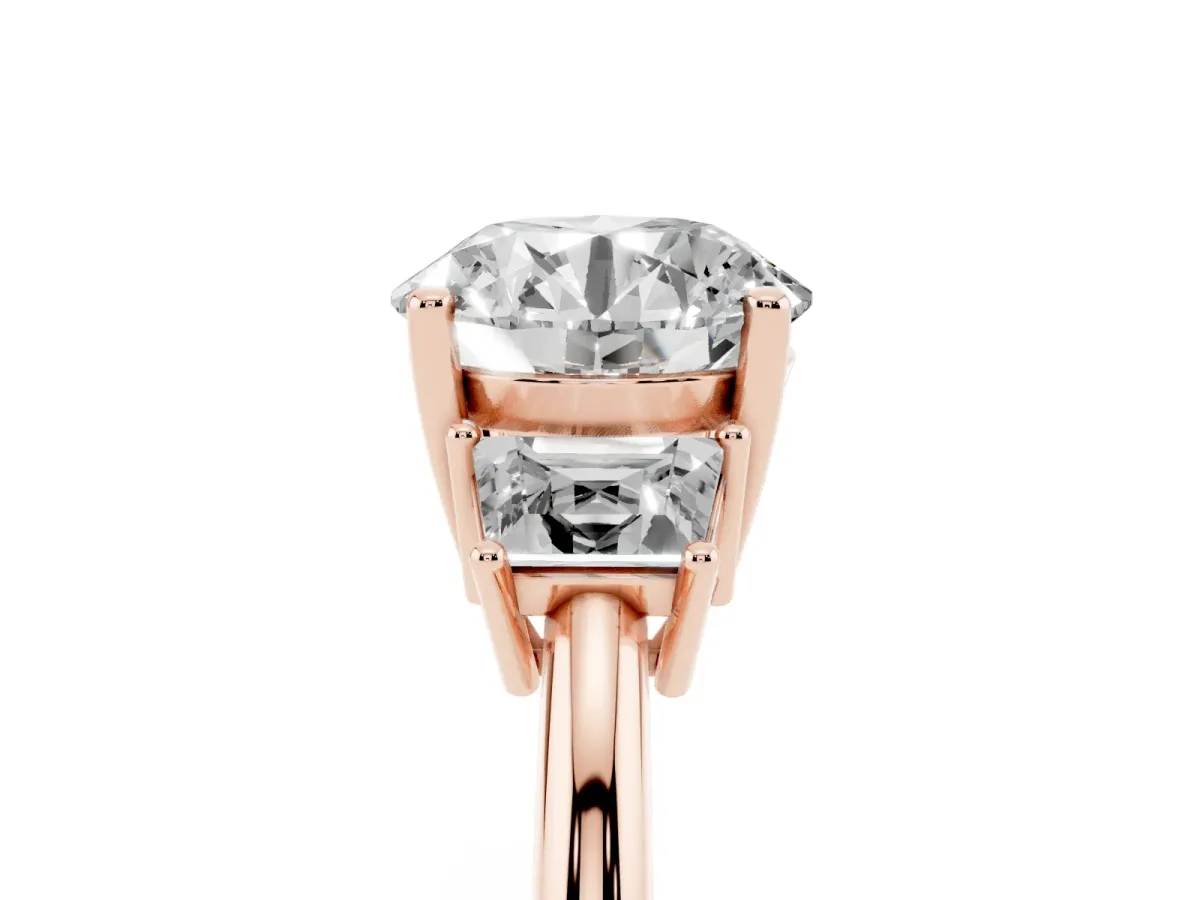Round Cut Diamond Three-Stone Ring with Trapezoid Side Stones and Prong Setting Rose gold
