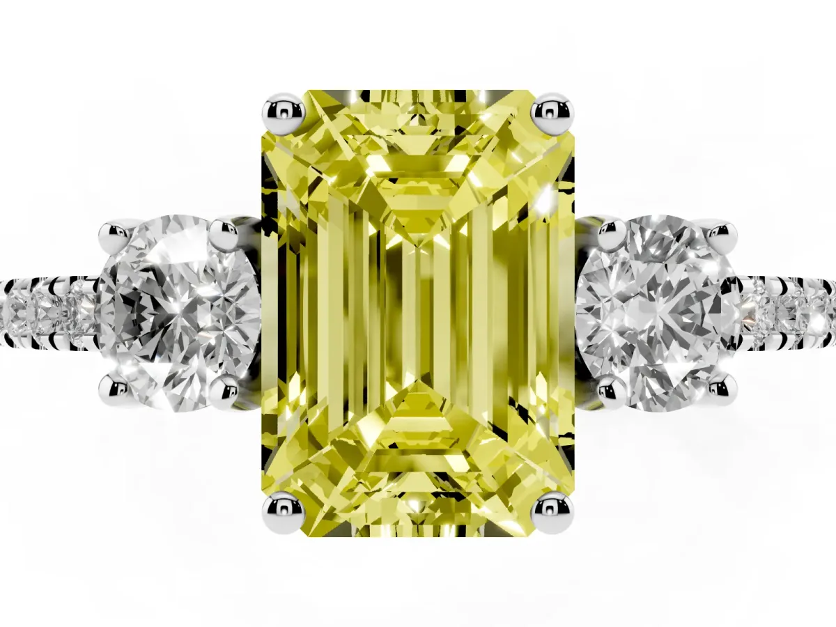Fancy Yellow Three-Stone Emerald Cut Cut Diamond Pavé Band with Prong Setting Silver