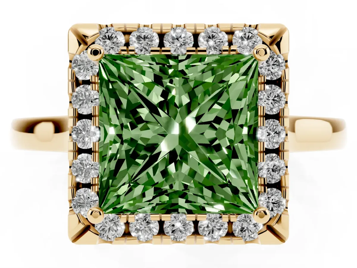Fancy Green Princess Cut Halo Round Diamond Solitaire Ring with Pavé Band and Four-Prong Setting Yellow gold