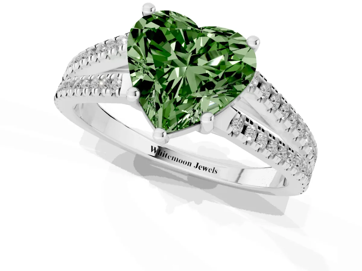 Fancy Green Heart Cut Diamond Solitaire Engagement Ring with Split Shank Pavé Band Silver