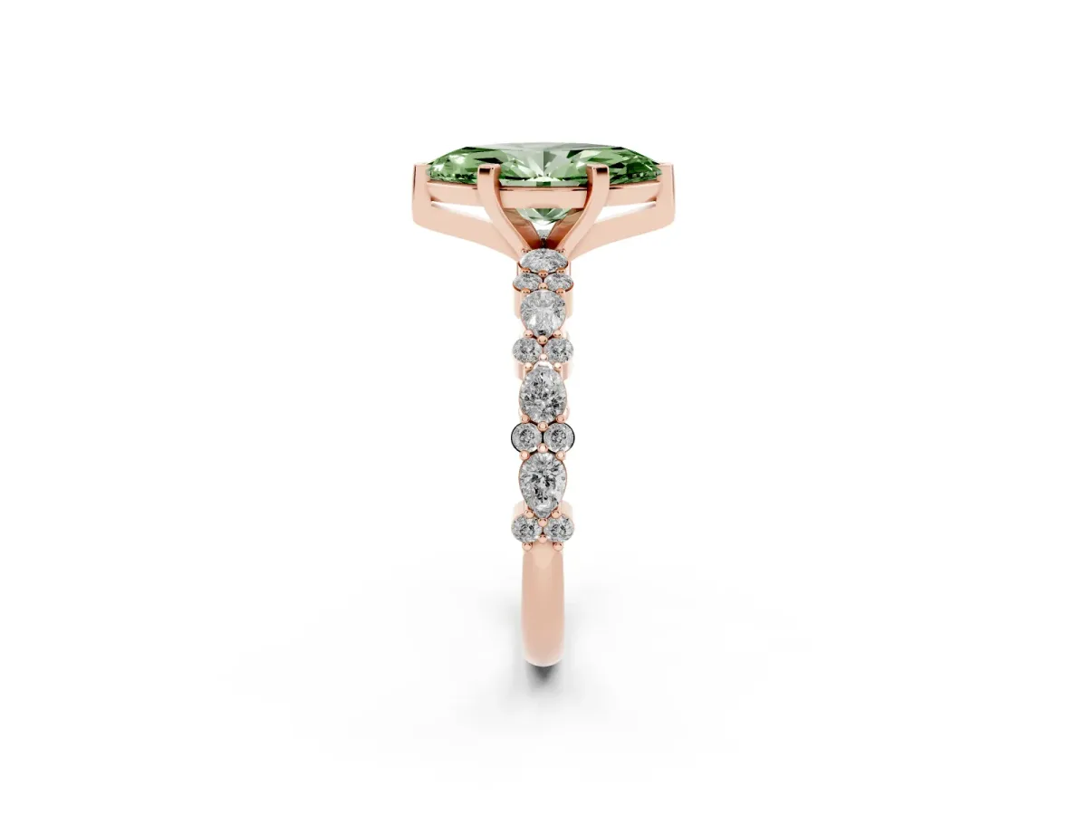 Fancy Green Marquise Cut Diamond Side Stone Solitaire Ring with Round and Four-Prong Setting Rose gold
