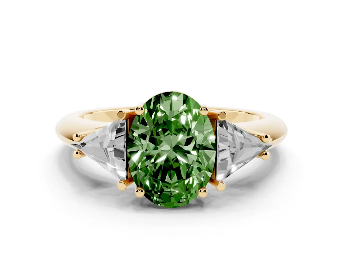 Fancy Green Three-Stone Oval Cut Diamond Engagement Ring with Trillion Side Stones and Prong Setting Yellow gold
