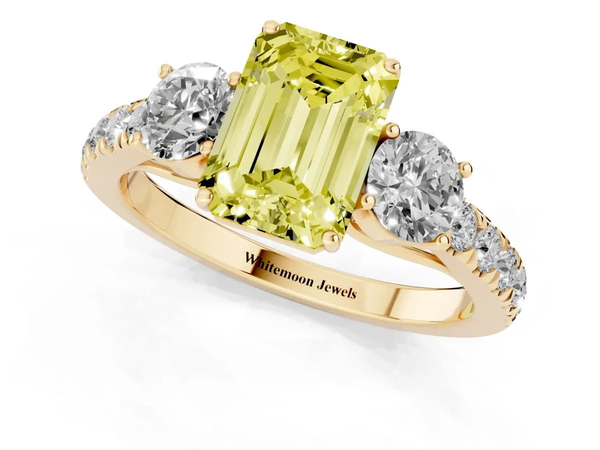 Fancy Yellow Emerald Cut Cut Diamond Three-Stone Ring with Round Side Stones and Pavé Band Yellow gold