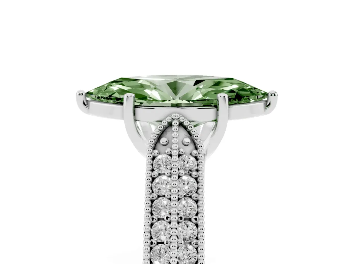 Fancy Green Marquise Cut Cut Pave Split Shank Engagement Ring with Four-Prong Setting White gold