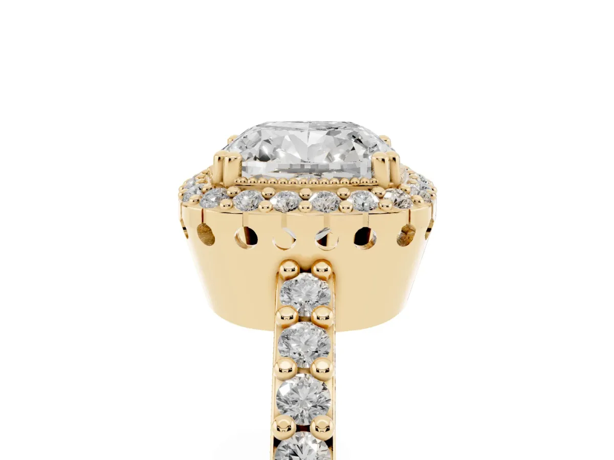 Cushion Cut Cut Diamond Halo Engagement Ring with Milgrain Detail and Pavé Band Yellow gold