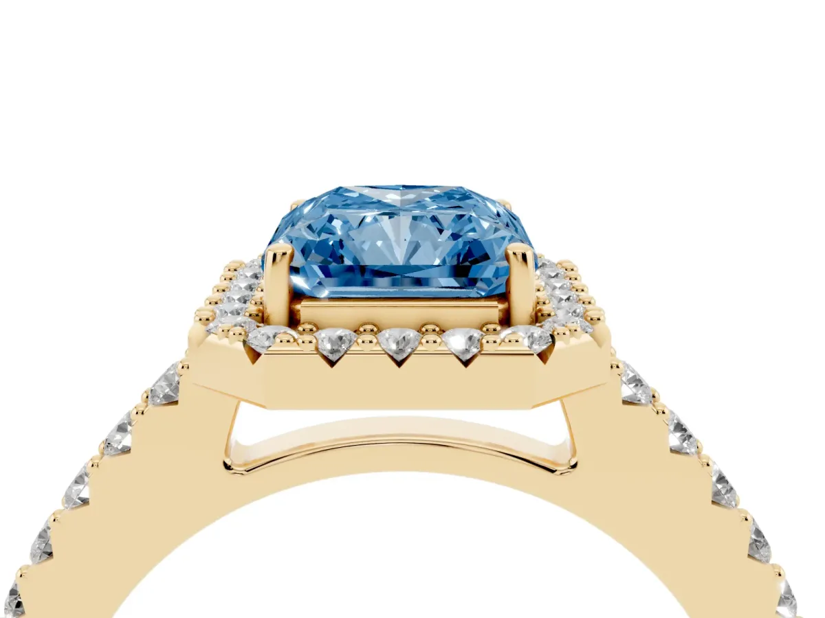 Fancy Blue Radiant Cut Halo Diamond Pavé Solitaire Ring Yellow gold