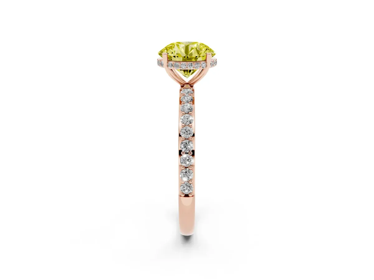 Fancy Yellow Round Cut Diamond Solitaire Ring with Pavé Band and Hidden Halo Rose gold