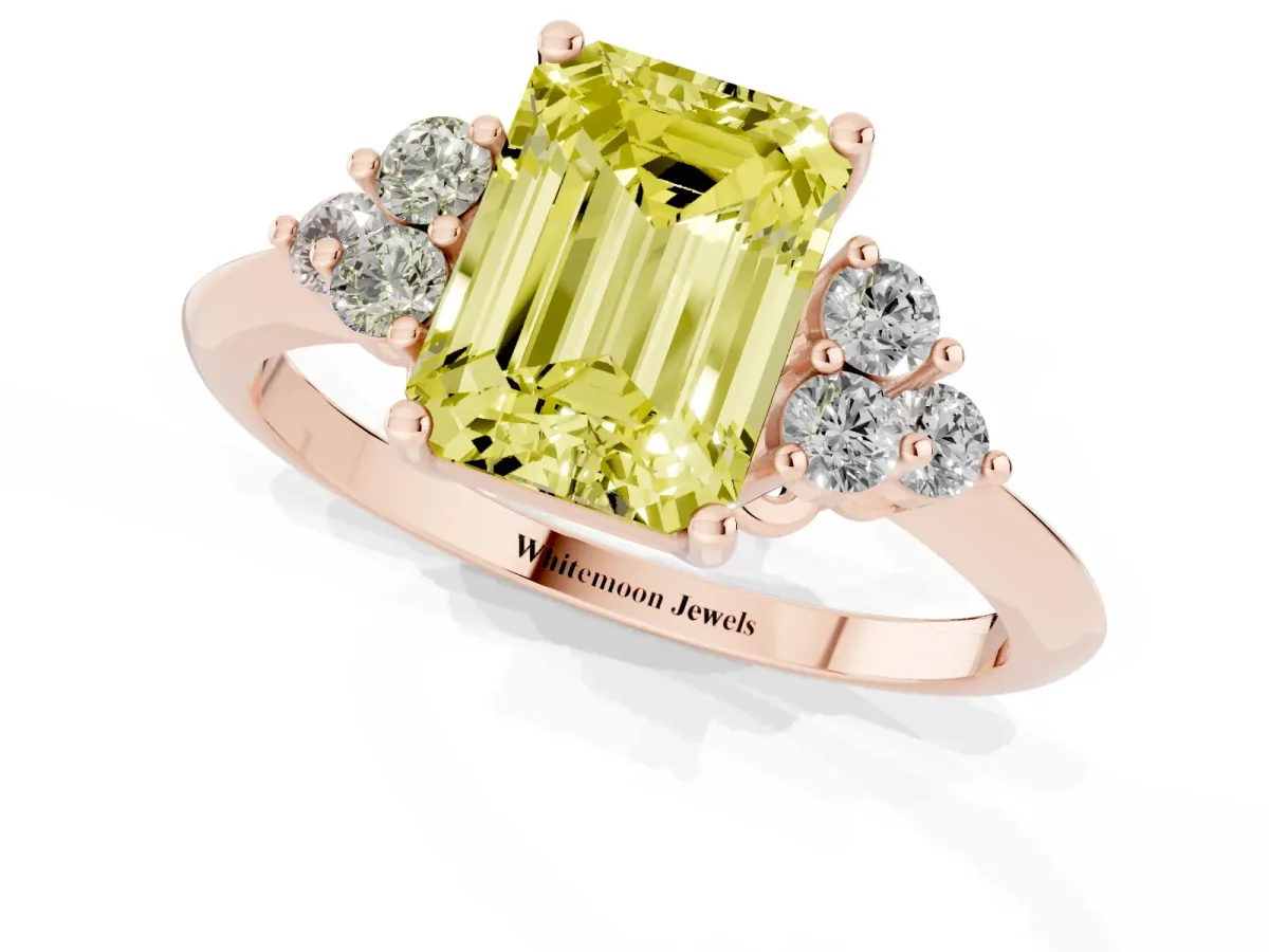 Fancy Yellow Emerald Cut Cut Diamond Cluster Ring with Solitaire Band and Four-Prong Setting Rose gold