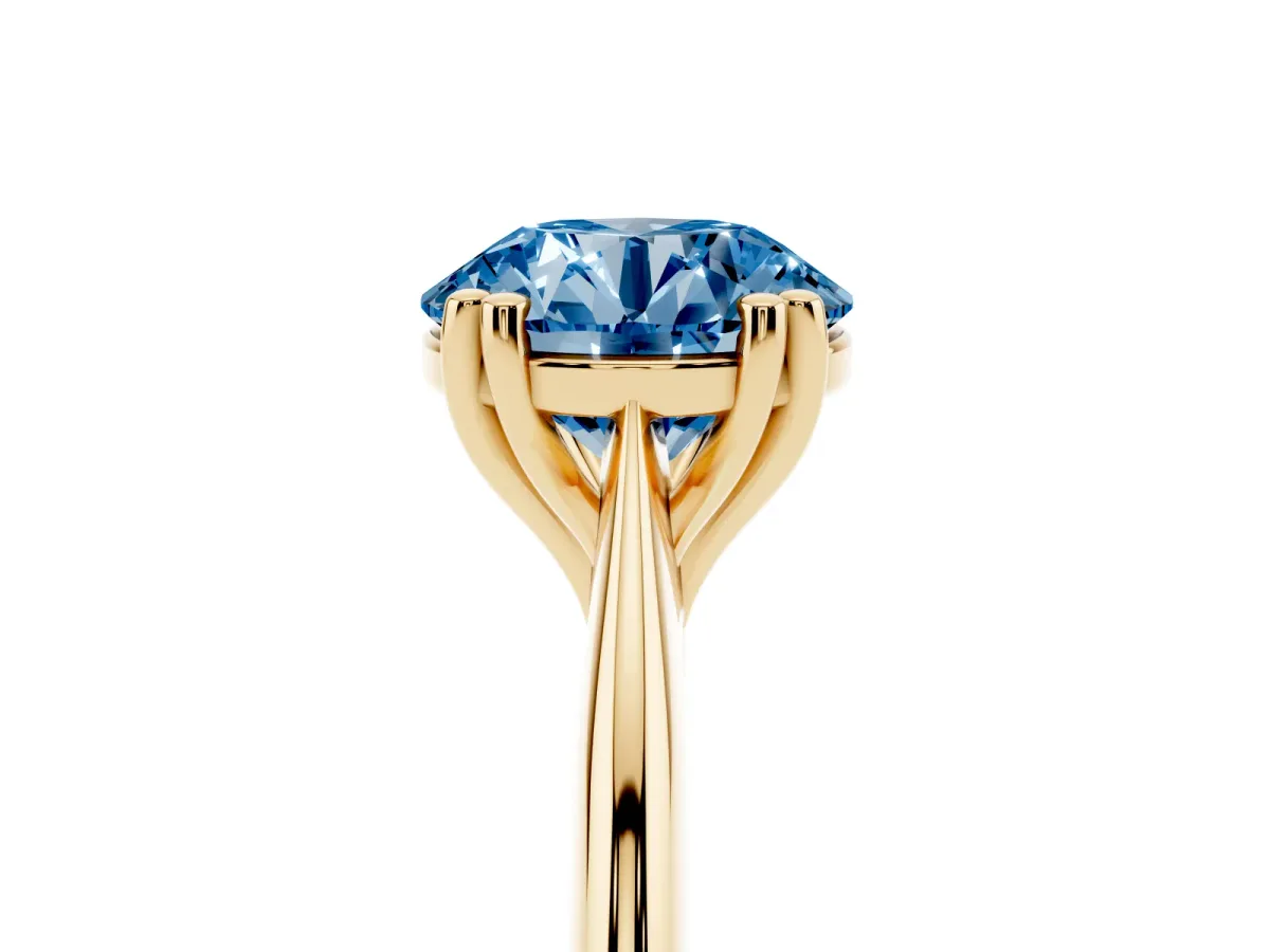 Fancy Blue Round Cut Solitaire Diamond Ring with Six-Prong Setting and Classic Band Yellow gold