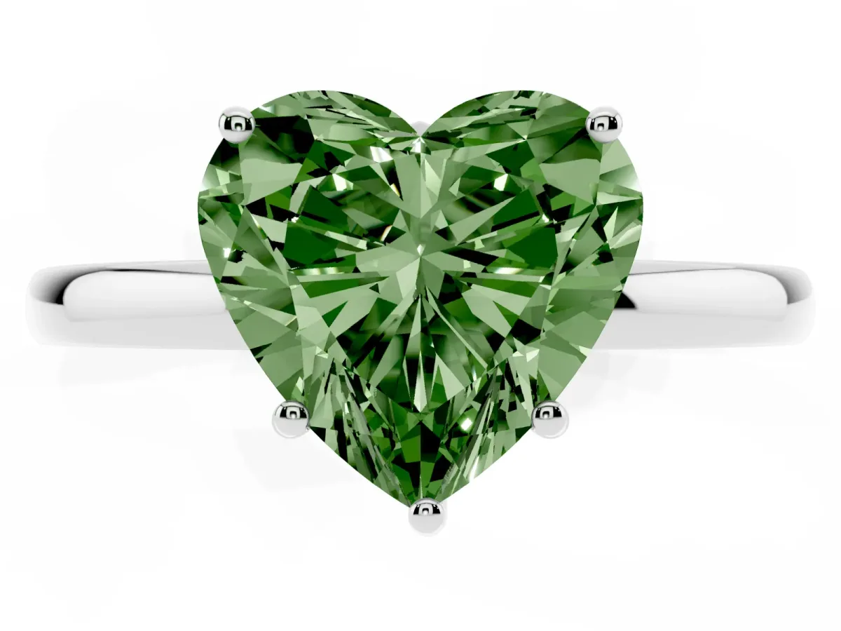 Fancy Green Heart Cut Solitaire Diamond Ring with Prong Setting and Plain Band White gold