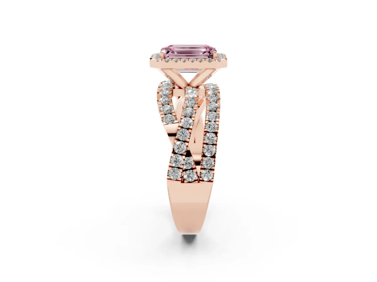 Fancy Pink Emerald Cut Diamond Halo Ring with Round Split Shank and Prong Setting Rose gold