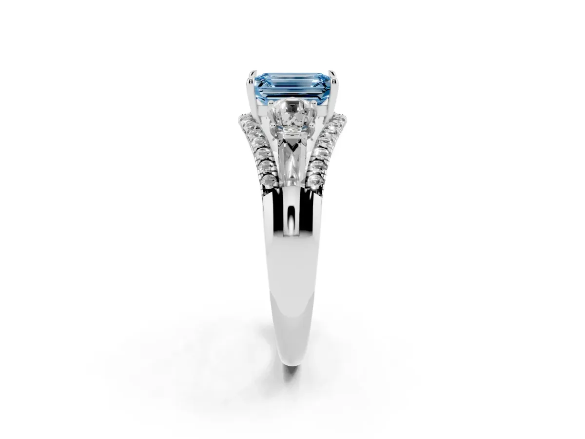 Fancy Blue Three-Stone Emerald Cut Diamond Engagement Ring with Pave Band and Prong Setting Silver
