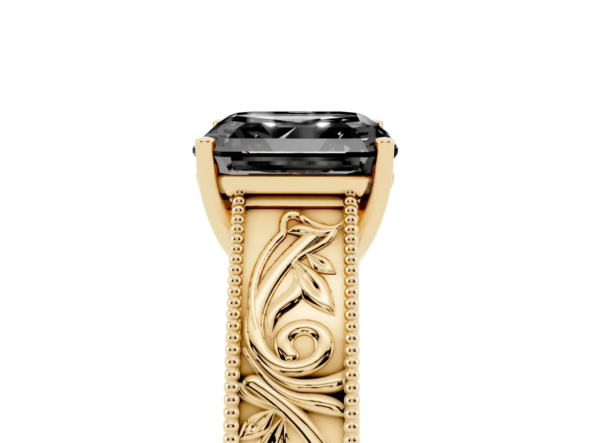 Fancy Black Asscher Cut Diamond Solitaire Ring with Engraved Band and Four-Prong Setting Yellow gold