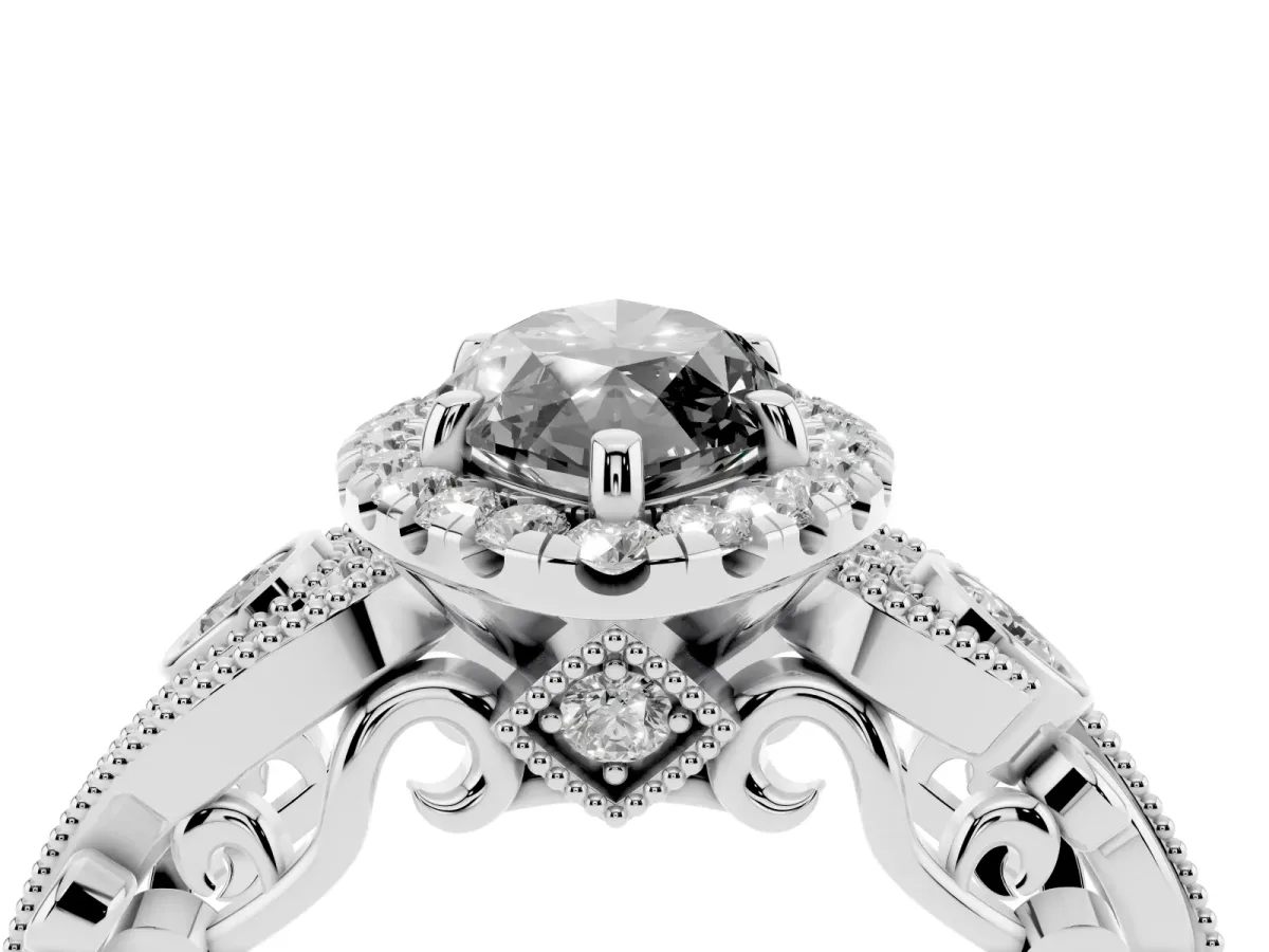 Fancy Black Marquise Cut Halo Diamond Ring with Milgrain and Bezel Accents on a Split Shank Band Platinum