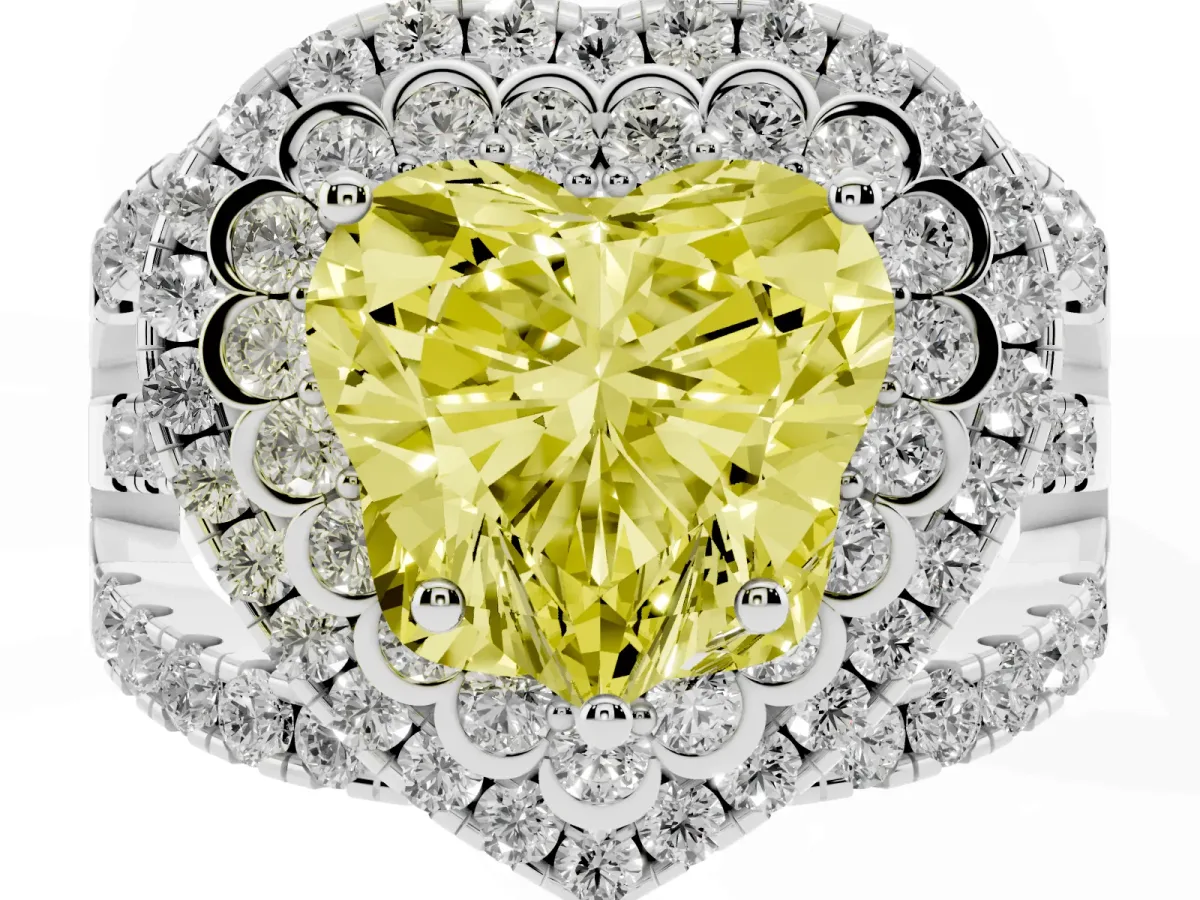 Fancy Yellow Heart Cut Diamond Double Halo Ring with Round Pavé Split Shank and Prong Setting Silver